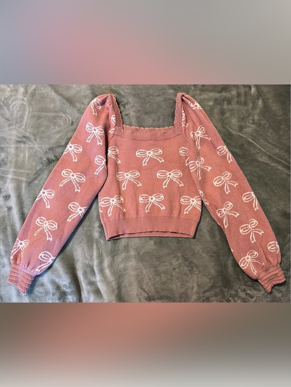 Willow & Wind Bow Print Square Neck Sweater Pink XS